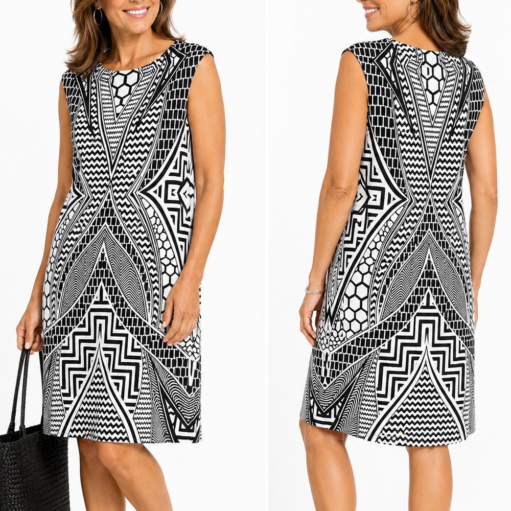 Chico's Black White Shift Dress 1 Geometric Optical Illusion V-Neck Sleeveless